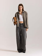 Brown Checkered Oversized Cropped Shirt